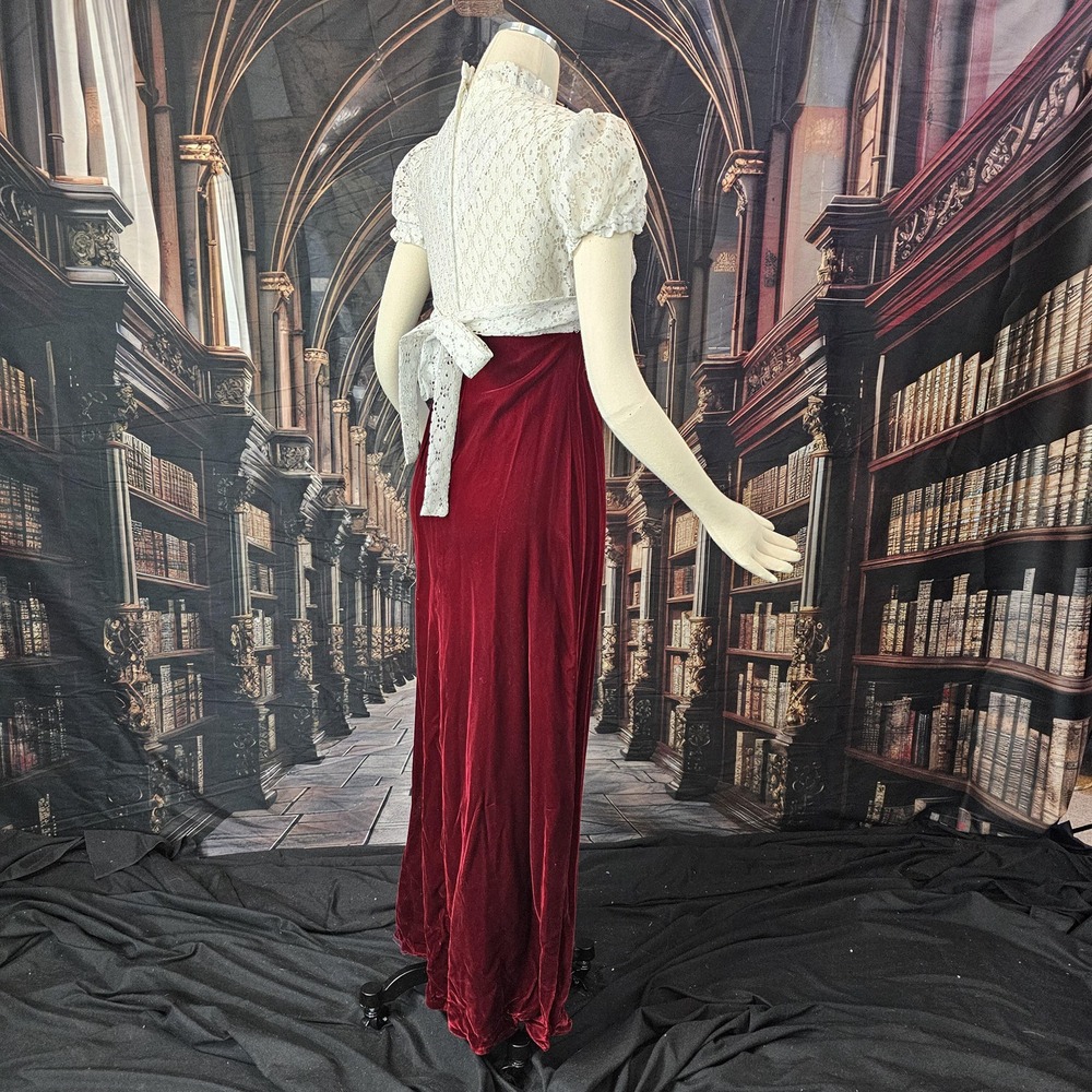 Vintage 70s Empire Waist Maxi Dress Red Velvet White Lace Regency Core Gown - Picture 9 of 10